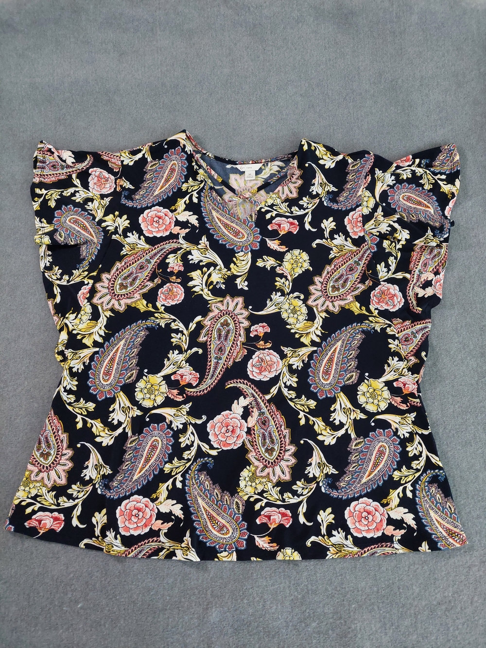 Cato Floral Paisley Flutter Sleeve Criss Cross Neck Top Navy Pink Medium - Picture 2 of 7